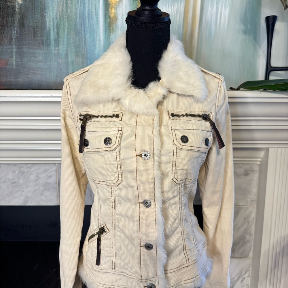 Guess Cream Jean Jacket with Real Rabbit furTrim Strtch Cord.